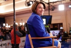 Democratic presidential candidate Sen. Amy Klobuchar, D-Minn., waits to do an interview after a Democratic presidential primary debate, Feb. 19, 2020, in Las Vegas, hosted by NBC News and MSNBC.