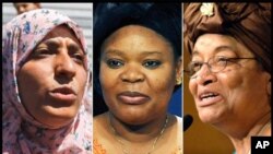 Matan da su ka ci lambar yabon: Tawakkul Karman da Leyma Gbowee da kuma Shugabar Liberiya Ellen Johson Sirleaf