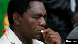 FILE - United Party for National Development (UPND) Presidential candidate Hakainde Hichilema looks on during a rally in Lusaka, Jan. 18, 2015.