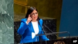 Vice President of Venezuela Delcy Rodriguez addresses the 74th session of the United Nations General Assembly, Sept. 27, 2019, at the United Nations headquarters. 