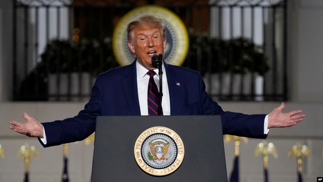 President Donald Trump speaks from the South Lawn of the White House on the fourth day of the Republican National Convention, Thursday, Aug. 27, 2020, in Washington. (AP Photo/Evan Vucci)