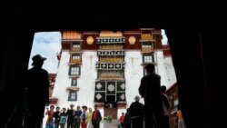 Chinese tourists pose for a picture while showing "v" signs at the Potala palace in Lhasa