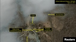 Commercial satellite imagery of the Punggye-ri nuclear test facility, which 38 North says indicates an apparent resumption of activity in North Korea, is seen in this image from April 25 released on May 3, 2017. 