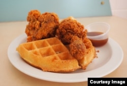 Chicken and waffles is a dish that comes from Southern U.S. It's a delicious mix of salty and sweet.