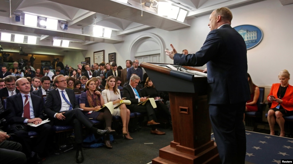 White House spokesman Sean Spicer holds a press briefing at the White House in Washington, Jan. 23, 2017. 