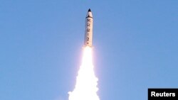 A view of the test-fire of a Pukguksong-2 missile, Feb. 13, 2017.