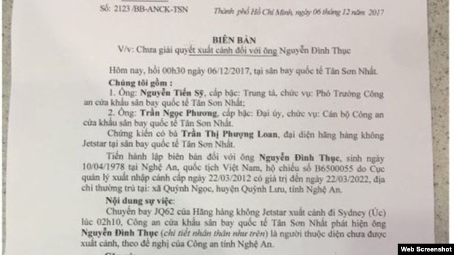 Biên bản cấm xuất cảnh linh mục Nguyễn Đình Thục (Ảnh: BBC Tiếng Việt)