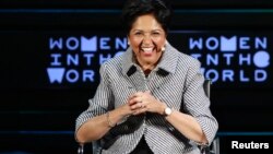 Indra Nooyi, CEO of PepsiCo, takes part in a panel during the Women In The World Summit in New York, April 8, 2016. Nooyi is stepping down, leaving 24 female CEOs running Fortune 500 companies.