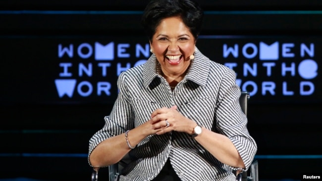 Indra Nooyi, CEO of PepsiCo, takes part in a panel during the Women In The World Summit in New York, April 8, 2016. Nooyi is stepping down, leaving 24 female CEOs running Fortune 500 companies.