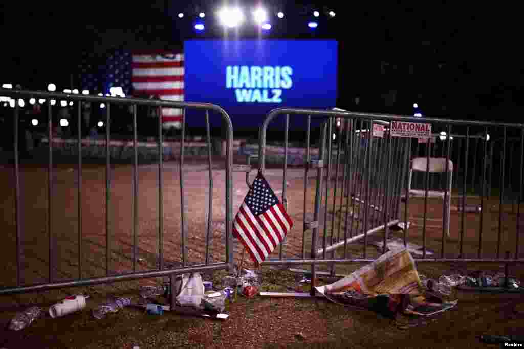 A flag is left at the event held by Democratic presidential nominee U.S. Vice President Kamala Harris during Election Night, at Howard University, in Washington.