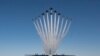 This handout photo of the U.S. Air Force shows the U.S Air Force Air Demonstration Squadron &quot;Thunderbirds&quot; and the U.S. Navy Flight Demonstration Squadron &quot;the Blue Angels&quot; debut the Super Delta formation over a C-130J Super Hercules at Naval Air Facility El Centro, March 2, 2021.&nbsp;