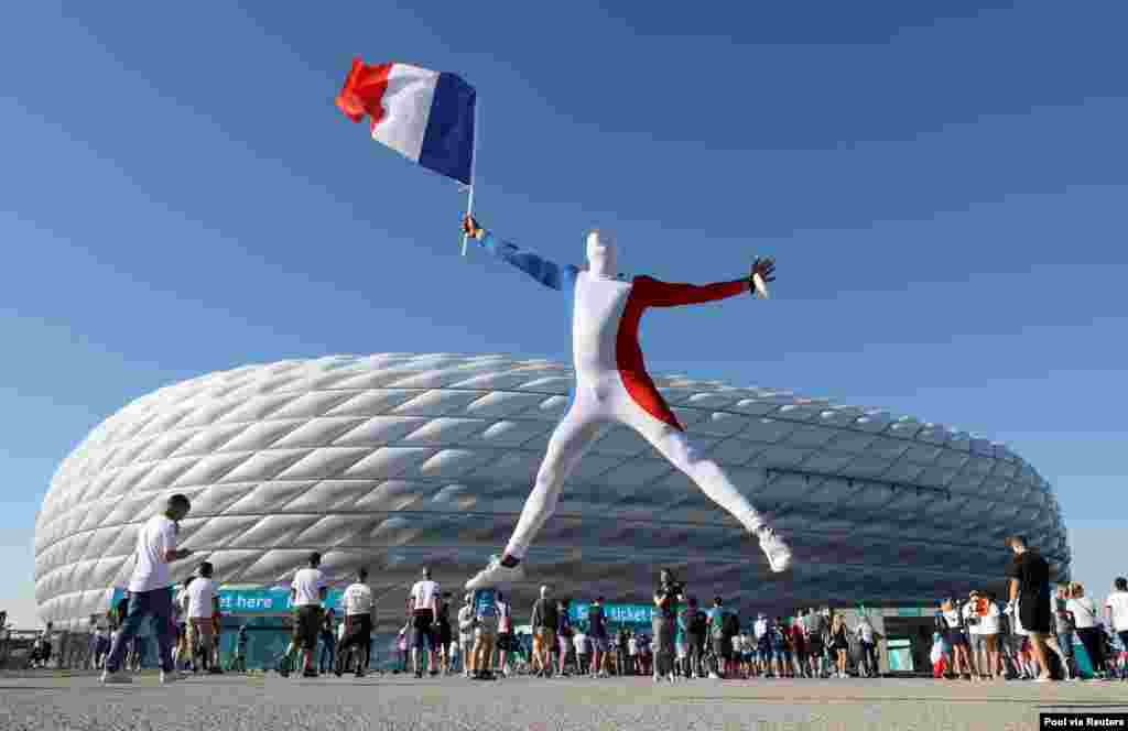 French fans are seen outside the stadium before the soccer match of Euro 2020 Group F between France and Germany in Football Arena Munich in Munich, Germany.