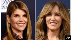 This combination photo shows actress Lori Loughlin at the Women's Cancer Research Fund's An Unforgettable Evening event in Beverly Hills, Calif., on Feb. 27, 2018, left, and actress Felicity Huffman at the 70th Primetime Emmy Awards in Los Angeles on Sept. 17, 2018.