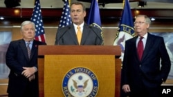 House Republican Leader John Boehner (C), R-Ohio, speaks during a press conference with Senate Republican Leader Mitch McConnell (R), R-Kentucky, and Mississippi Governor Haley Barbour (L) in Washington, 03 Nov. 2010.