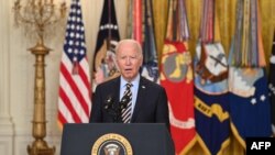 President Joe Biden speaks about the American troop withdrawal from Afghanistan, in the East Room of the White House, in Washington, July 8, 2021. 