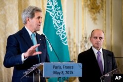 Secretary of State John Kerry, accompanied by Saudi Foreign Minister Adel al-Jubeir, speaks at a joint news conference at the Chief of Mission Residence, Paris, following a meeting with the foreign ministers of the Gulf Cooperation Council, May 8, 2015.