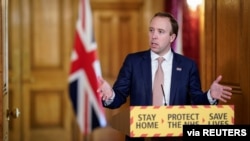 Britain's Health Secretary Matt Hancock speaks during a daily digital news conference on the COVID-19 outbreak, at 10 Downing Street in London, April 21, 2020.