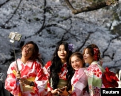 Kimono-clad women from Thailand take selfies among blooming cherry blossoms at Ueno Park in Tokyo, Japan, March 27, 2021. (REUTERS/Kim Kyung-Hoon)