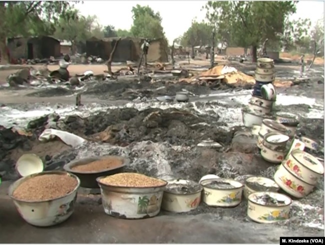 Torched Tchakarmari village. Tchakarmari, Cameroon, Apr, 20, 2019.