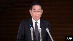 Japan's Prime Minister Fumio Kishida speaks to reporters at the Prime Minister's Office in Tokyo on August 22, 2023. Kishida told reporters it would be "extremely regrettable" if North Korea went ahead with its launch.