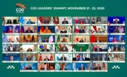 This photo provided by the G-20 Riyadh Summit shows Saudi King Salman, center, and other world leaders during a virtual summit hosted by Saudi Arabia and held via videoconference amid the COVID-19 pandemic, in Riyadh, Saudi Arabia, Nov. 21, 2020.