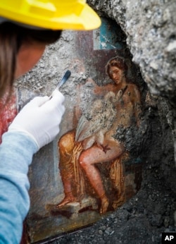 An archeologist cleans up the fresco ''Leda e il cigno'' (Leda and the swan) discovered last Friday in the Regio V archeological area in Pompeii, near Naples, Italy, Monday, Nov. 19, 2018. (Cesare Abbate/ANSA via AP)