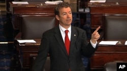 This video frame grab provided by Senate Television shows Sen. Rand Paul speaking on the floor of the Senate on Capitol Hill in Washington, Wednesday, March 6, 2013.