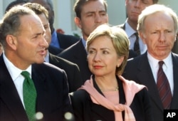 Members of New York's Congressional delegation and other lawmakers speak to reporters after meeting with President Bush at the White House in Washington, Sept. 13, 2001.