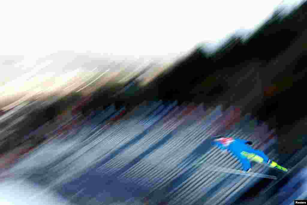 Czech Republic&#39;s Ondrej Pazout is seen in action during the men&#39;s nordic combined ski jumping competition trial round, in Oberstdorf, Germany.