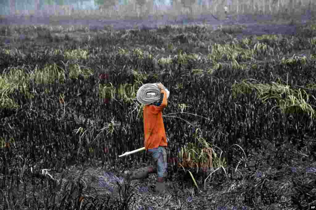 Một lính cứu hỏa chuẩn bị dập tắt một đám cháy rừng ở Ogan Ilir, Nam Sumatra, Indonesia. Indonesia đã tăng cường những nỗ lực dập tắt những đám cháy rừng gây nên khói mù bao phủ nhiều nơi trong nước và những nước lân cận.