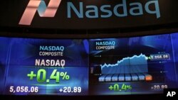 FILE - Market data is displayed on the screens at the Nasdaq MarketSite in New York, April 23, 2015. 