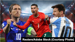 阿根廷的梅西(右)、葡萄牙的罗纳尔多(Cristano Ronaldo，中)以及克罗地亚的莫德里奇(Luka Modric，左)。