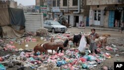 FILE - A girl scavenges at a garbage dump in a street in Sanaa, Yemen, July 26, 2017.