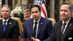 U.S. Secretary of State Marco Rubio, center, White House national security adviser Mike Waltz, right and U.S. special envoy Steve Witkoff are seen during an interview after meeting with Russian officials, at Diriyah Palace, in Riyadh, Saudi Arabia, Feb. 18, 2025.