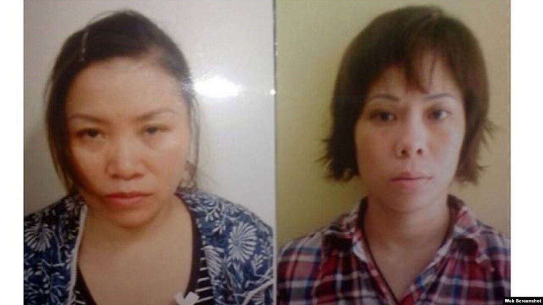 Ảnh hai phụ nữ Trang và Nguyệt (trái) bị bắt vì buôn bán trẻ em.
