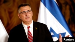 Israel's Foreign Minister Gideon Saar speaks during a press conference in Prague