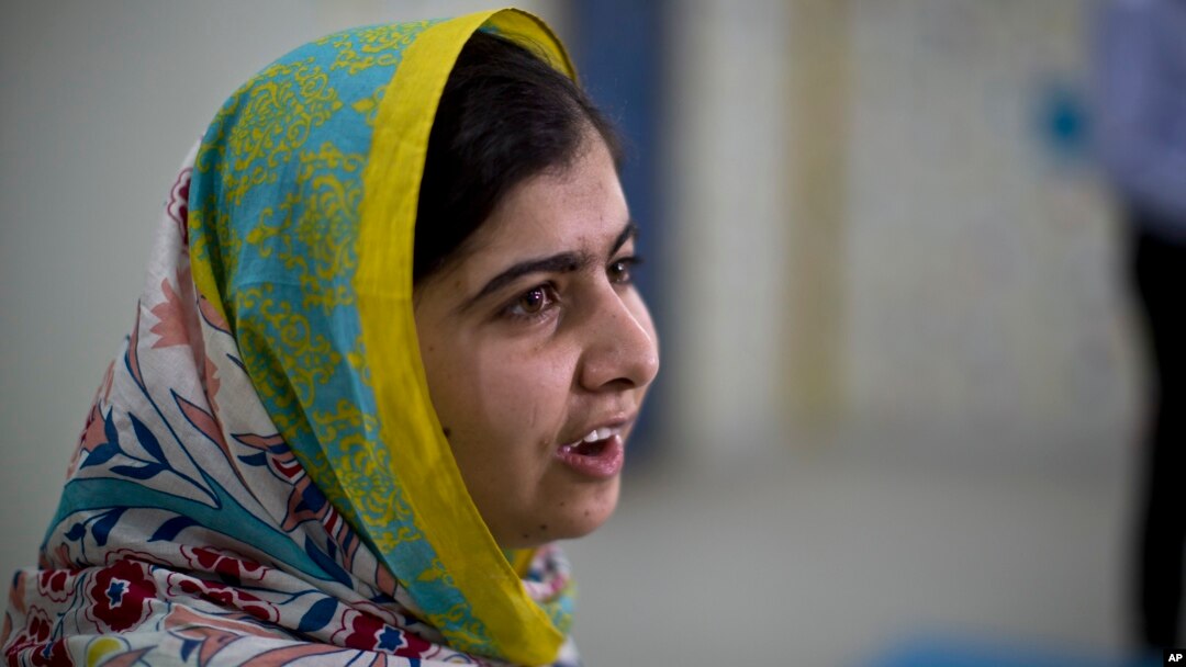 FILE - Nobel Peace Prize laureate Malala Yousafzai, 18, speaks during her visit to Azraq refugee camp in Jordan, July 13, 2015. 