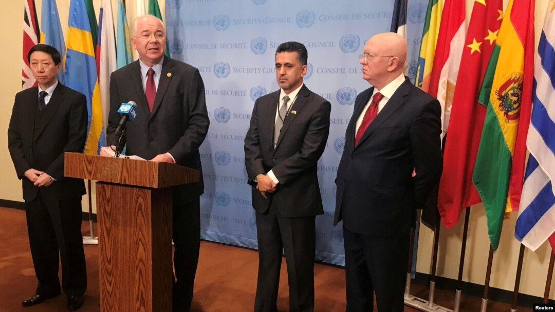 Chinese Deputy U.N. Ambassador Wu Haitao, U.N. ambassadors Rafael Ramirez from Venezuela, Sacha Sergio Llorenty Soliz from Bolivia and Vassily Nebenzia from Russia, speak to reporters at the United Nations in New York, Nov. 13, 2017.