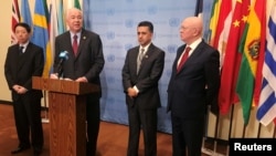 Chinese Deputy U.N. Ambassador Wu Haitao, U.N. ambassadors Rafael Ramirez from Venezuela, Sacha Sergio Llorenty Soliz from Bolivia and Vassily Nebenzia from Russia, speak to reporters at the United Nations in New York, Nov. 13, 2017.