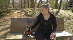 줄리 루카비나 씨가 동물보호소에서 입양한 유기견 치와와 강아지와 함께 공원에서 시간을 보내고 있다.