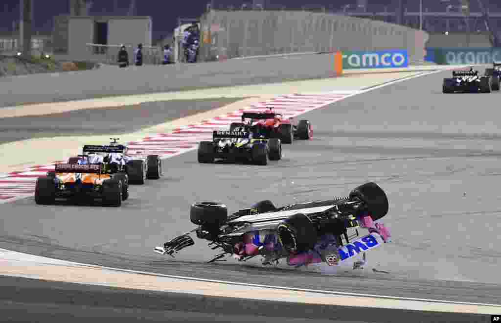 Racing Point driver Lance Stroll of Canada crashes during the Formula One Bahrain Grand Prix in Sakhir, Bahrain.