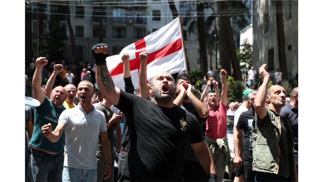 Anti-LGBT protesters shout as they take part in a rally ahead of the planned March for Dignity during Pride Week in Tbilisi, Georgia, July 5, 2021.