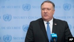 Menlu Amerika Mike Pompeo berbicara kepada media di markas PBB di New York, Rabu (12/12). 