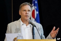 Fred Warmbier, father of Otto Warmbier, a University of Virginia undergraduate student who was imprisoned in North Korea in March 2016, speaks during a news conference, June 15, 2017, at Wyoming High School in Cincinnati.