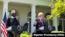 El presidente de EE.UU., Donald Trump, y el presidente de Nigeria, Muhammadu Buhari, ofrecen conferencia de prensa en la Casa Blanca luego de reunirse en privado. Abril 30 de 2018.