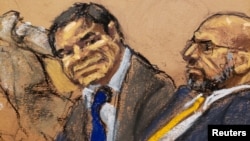 Accused Mexican drug lord Joaquin "El Chapo" Guzman and defense attorney A. Eduardo Balarezo, sit in court in this courtroom sketch during Guzman's trial in Brooklyn federal court in New York City, Jan. 30, 2019. 