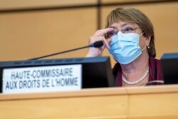 Michelle Bachelet, dalam pembukaan sidang ke-45 Komisi HAM PBB di Jenewa, Swiss, 14 September 14, 2020. (Martial Trezzini/Pool via REUTERS)