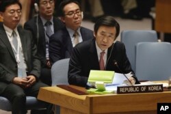 South Korea's Foreign Minister Yun Byung-se delivers his remarks in the Security Council at United Nations headquarters, April 28, 2017.