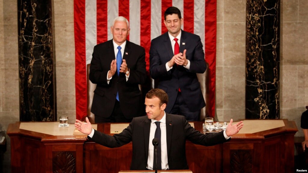 TT Pháp Emmanuel Macron đọc diễn văn trước lưỡng viện Quốc hội Hoa Kỳ tại Điện Capitol, Washington, ngày 25/4/2018. REUTERS/Aaron P. Bernstein