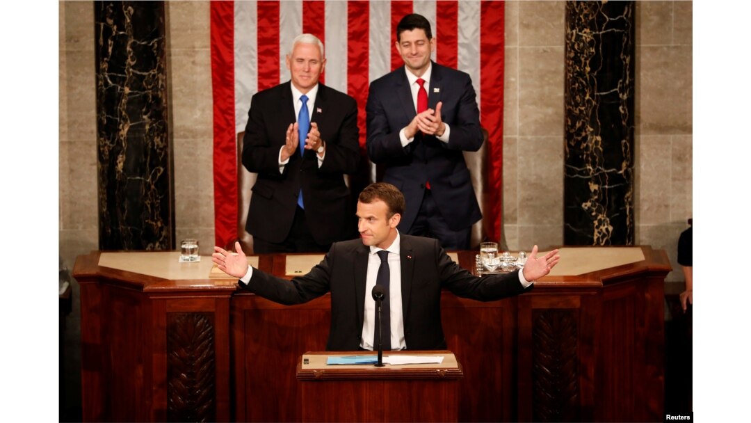 French President Emmanuel Macron addresses a joint session of Congress at the U.S. Capitol in Washington, April 25, 2018.